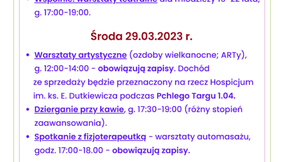 Harmonogram Klubu Sąsiedzkiego 27.03-2.04.2023