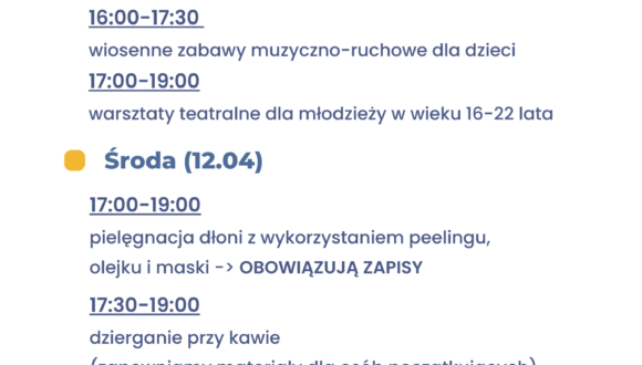 Harmonogram Klubu Sąsiedzkiego 11-16.04.2023